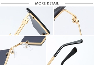 Detail view of gold metal hinges, silicone nose pads and durable screws on sunglasses