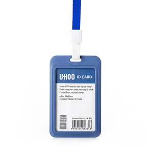 Vertical blue PP ID card holder with matching lanyard for two IC cards and UHOO branding