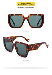 Front and side views of thick leopard print sunglasses with oversized dark green lenses