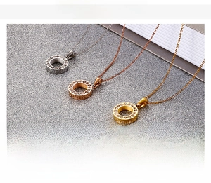 Detailed product specifications for minimalist stainless steel round pavé pendant necklaces
