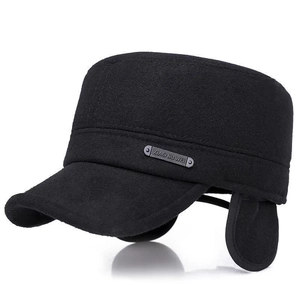 Mens winter wool flat top military cap in black with ear flaps and metal logo badge