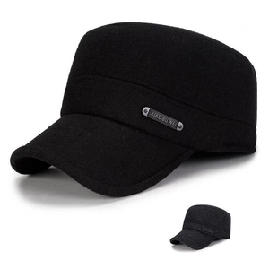 Classic black wool cadet hat for men featuring a metallic side plate and flat top design
