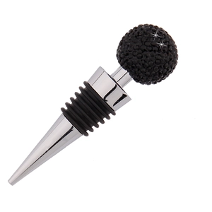 Detail shot of a black rhinestone crystal ball wine stopper with zinc alloy base