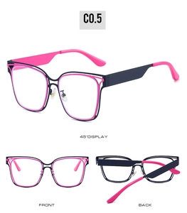 Detailed front and back views of black and pink two-tone stylish oversized eyewear frames