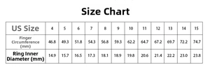 Size chart for oval moonstone rings showing US sizes 4 to 15 with inner diameter in mm