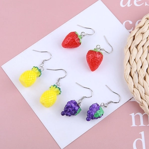 Colorful resin fruit earrings set featuring strawberry, pineapple, and grape designs
