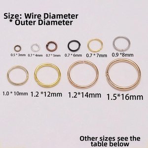Size chart for DIY open jump rings in various metal colors for jewelry making projects