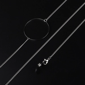 Silver stainless steel eyeglass chain with large ring accent and anti-slip rubber loops