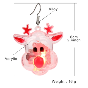 Detailed view of red acrylic reindeer earrings with size measurements and alloy hooks