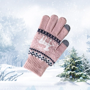 Pink winter knit gloves with reindeer pattern, fleece lining and touch screen fingers