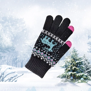 Winter thermal knit touchscreen gloves with blue reindeer pattern over a snowy background
