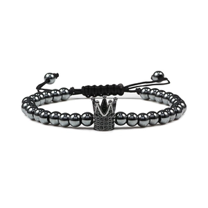 Micro-set zircon crown braided bracelet with gunmetal beads and adjustable black cord