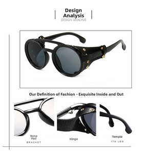 Detail view of steampunk round sunglasses featuring side leather shields and metal hinges