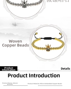 Detail view of woven crown bracelet with micro-pave cubic zirconia and copper beads