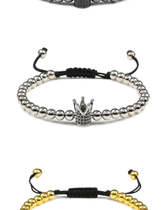 Three crown braided bracelets in silver gold and gunmetal with micro-paved black zircon