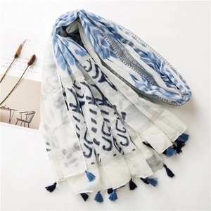 Japanese style wave print cotton linen scarf with tassels for sun protection