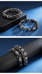 Detail of 316L stainless steel engraving on vintage leaf and cuban chain bracelets