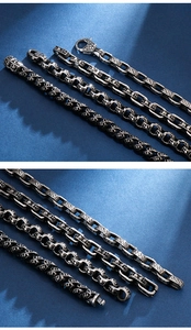 Detailed views of four punk skull bracelets in antique silver stainless steel