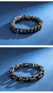 Detail showing two punk style silver skull bracelets for men on dark blue texture background