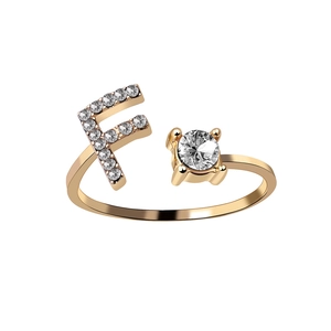Adjustable gold letter F open ring with sparkling cubic zirconia stones