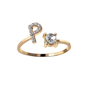 Adjustable gold letter P open ring with pavé diamonds and a round cubic zirconia