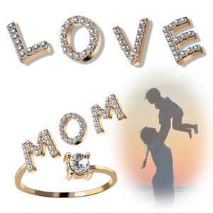 Detail of adjustable MOM letter ring with sparkling cubic zirconia and sunset gift card