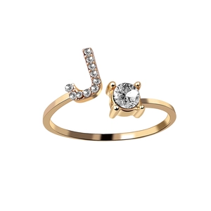 Adjustable gold open ring featuring a sparkling letter J and a round zircon stone