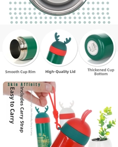 Detailed views of the Christmas reindeer thermos showing lid, smooth rim, and reinforced base