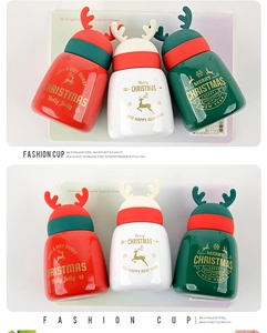 Detail of 304 stainless steel insulated Christmas mugs with festive reindeer horns and prints