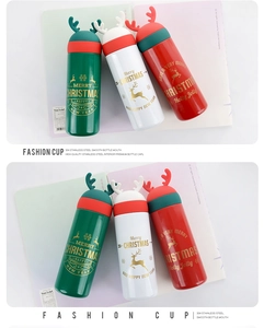 Detail of Christmas thermos with 304 stainless steel lining and reindeer horn lid design