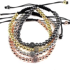 Adjustable woven bracelet set with metallic beads and micro-pave zircon spheres