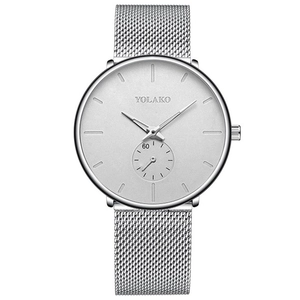 Sleek silver men's watch with minimalist metal mesh strap and round quartz dial