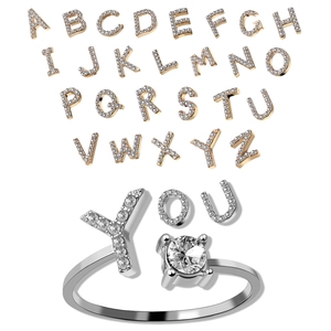 Initial Letter Adjustable Open Ring Alloy Rhinestone Sparkling Minimalist Trendy Fashion Jewelry For Women