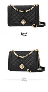 Detailed close-up of a black quilted chain bag with elegant gold hardware and lock