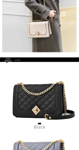 Detail of quilted crossbody bag with gold chain strap and square metal rivet buckle