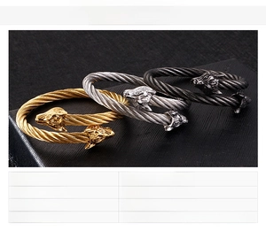 Détails de bracelets câbles à tête de loup en acier inoxydable, noir, or et argent