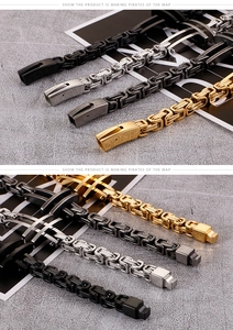 Detail of Byzantine chain bracelets for men in black, silver, gun grey, and gold steel