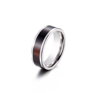 Men's titanium steel ring with dark wood grain inlay and polished silver edges