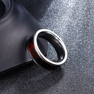 Men's stainless steel ring featuring vintage wood grain inlay on dark textured background
