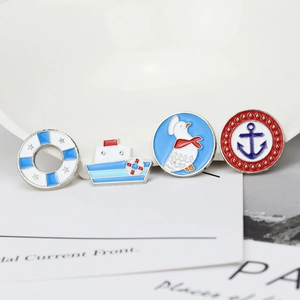 Marine theme enamel pin set with nautical anchor, boat, seagull and lifebuoy designs