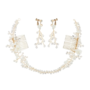 Handmade Ceramic Flower Artificial Pearl Bridal Hair Comb And Drop Earrings Wedding Jewelry Elegant Gold Alloy