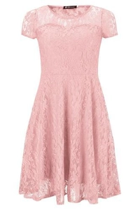 Close-up of pink lace dress showing intricate floral embroidery and short sleeve detail