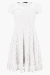 Detailed view of white floral lace fabric texture on a short-sleeved mini dress