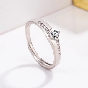 Elegant adjustable silver ring for couples featuring a large zircon solitaire and side pave stones