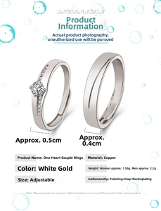 Detailed size chart for adjustable silver plated zircon couple rings with weight data
