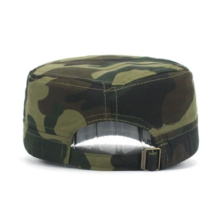 Rear view of camouflage army cadet cap featuring an adjustable metal buckle on white background
