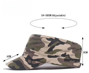Detailed side view of military camo flat top cap showing 6cm brim and 8cm height specs