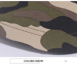 Detailed close-up of camouflage hiking hat fabric with double-stitched sewing lines