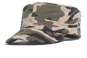 Detailed side view of a durable camouflage military flat top cap for outdoor hiking