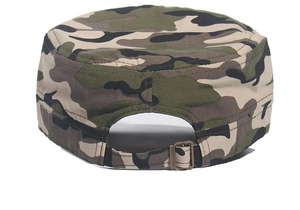 Detail view of the adjustable back buckle and camouflage pattern on the military flat top cap